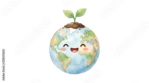 Cute Happy Earth Globe Character with Plant Sprout
