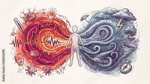 Person between fire and storm