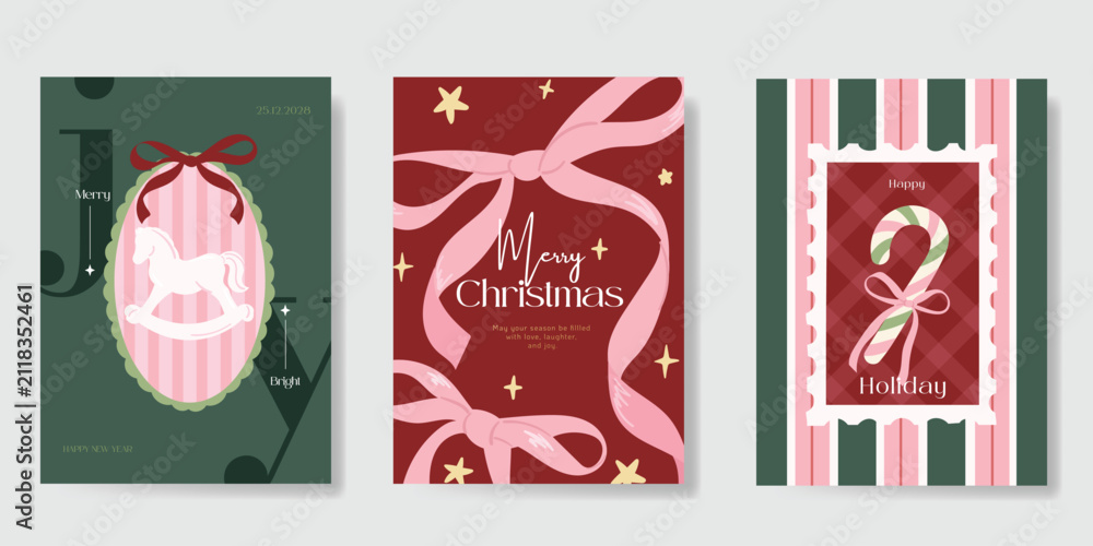 Obraz premium Christmas and Happy holiday greeting card vector set. Elegant hand drawn wallpaper with pine leaves, pinecone, wreath. Holidays design illustration for cover, print, poster, Happy New Year, ads.