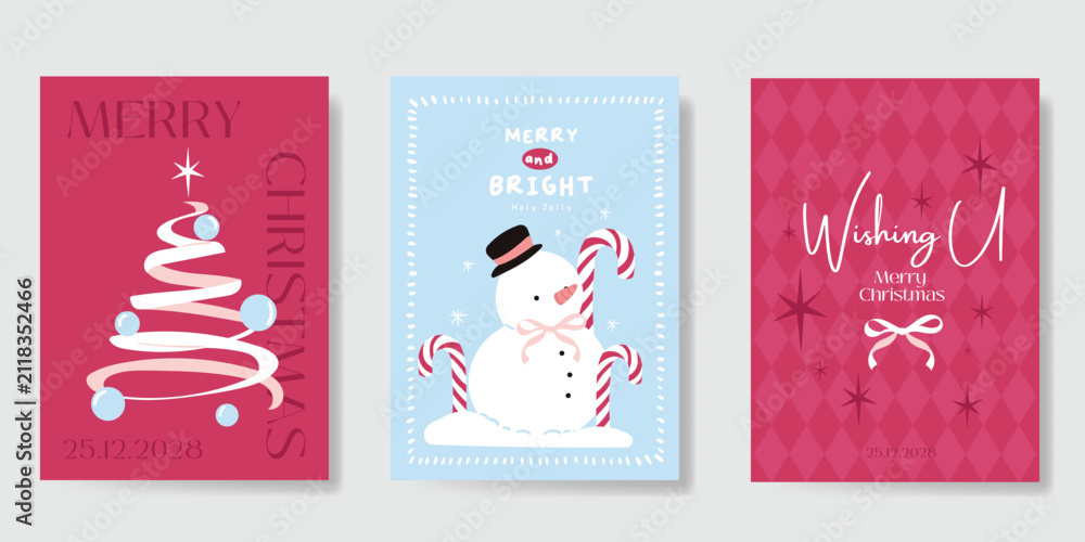 Obraz premium Christmas and Happy holiday greeting card vector set. Elegant hand drawn wallpaper with pine leaves, pinecone, wreath. Holidays design illustration for cover, print, poster, Happy New Year, ads.