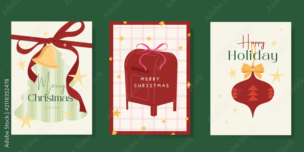 Obraz premium Christmas and Happy holiday greeting card vector set. Elegant hand drawn wallpaper with pine leaves, pinecone, wreath. Holidays design illustration for cover, print, poster, Happy New Year, ads.
