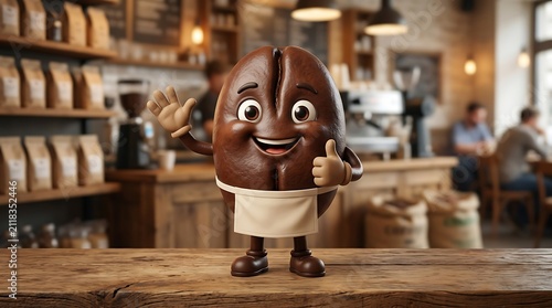 Friendly Coffee Bean Mascot Waving and Giving Thumbs Up in Cozy Cafe Setting, Perfect for Food and Beverage Marketing
