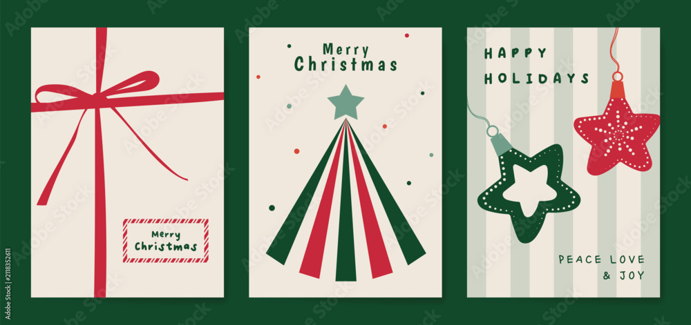 Obraz premium Christmas and Happy holiday greeting card vector set. Elegant hand drawn wallpaper with pine leaves, pinecone, wreath. Holidays design illustration for cover, print, poster, Happy New Year, ads.