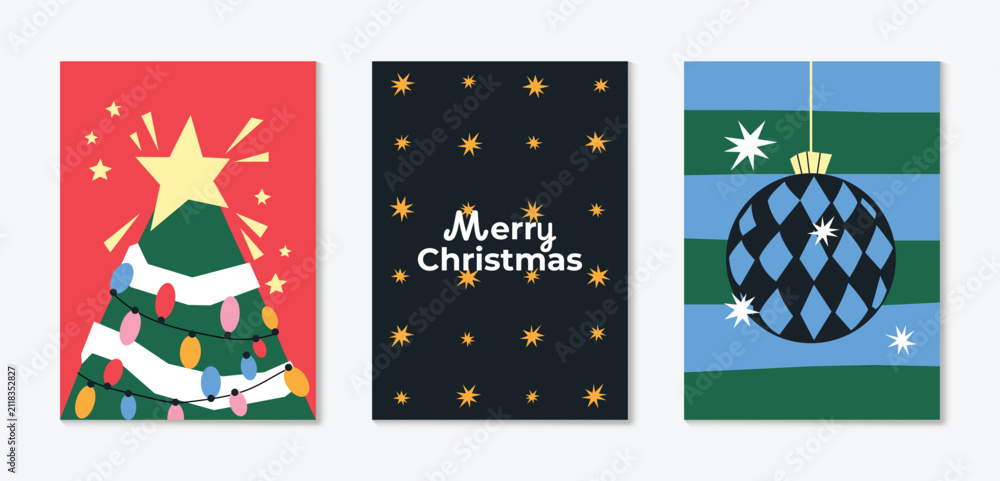 Obraz premium Christmas and Happy holiday greeting card vector set. Elegant hand drawn wallpaper with pine leaves, pinecone, wreath. Holidays design illustration for cover, print, poster, Happy New Year, ads.