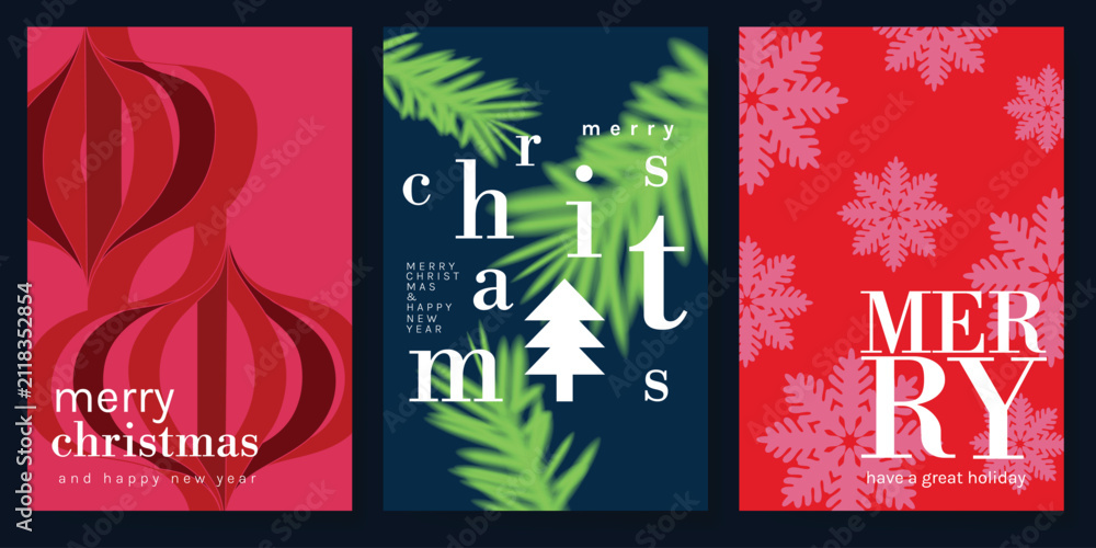 Obraz premium Christmas and Happy holiday greeting card vector set. Elegant hand drawn wallpaper with pine leaves, pinecone, wreath. Holidays design illustration for cover, print, poster, Happy New Year, ads.