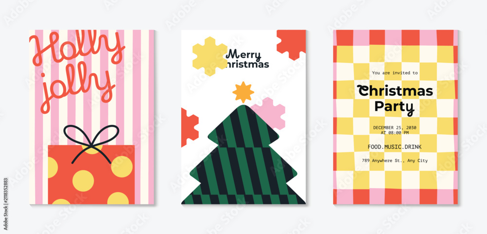 Obraz premium Christmas and Happy holiday greeting card vector set. Elegant hand drawn wallpaper with pine leaves, pinecone, wreath. Holidays design illustration for cover, print, poster, Happy New Year, ads.