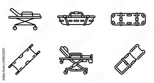 Medical Stretcher Icons Set, Emergency Transport Equipment Collection, Hospital Patient Transfer Device Graphics, Healthcare Mobility Tools Vector
