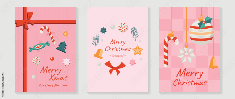 Obraz premium Christmas and Happy holiday greeting card vector set. Elegant hand drawn wallpaper with pine leaves, pinecone, wreath. Holidays design illustration for cover, print, poster, Happy New Year, ads.