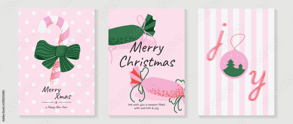 Obraz premium Christmas and Happy holiday greeting card vector set. Elegant hand drawn wallpaper with pine leaves, pinecone, wreath. Holidays design illustration for cover, print, poster, Happy New Year, ads.