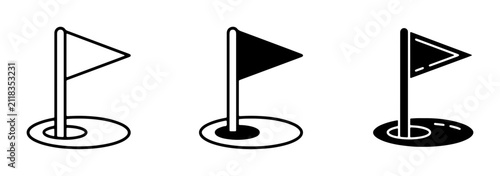 Golf Hole Flag Icons, Set of 3 Vector Graphics, Sports and Recreation Symbols, Simple Outline and Solid Fill Designs