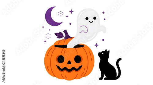 Cute halloween illustration featuring a smiling jack o lantern pumpkin a friendly ghost and a black cat