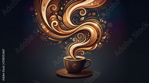 Steaming Coffee Cup with Swirling Aromatic Steam and Decorative Flourishes, Evoking Warmth and Indulgence for Beverage Marketing