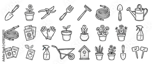 Quadro su tela Hand-Drawn Garden Tools and Plants Collection