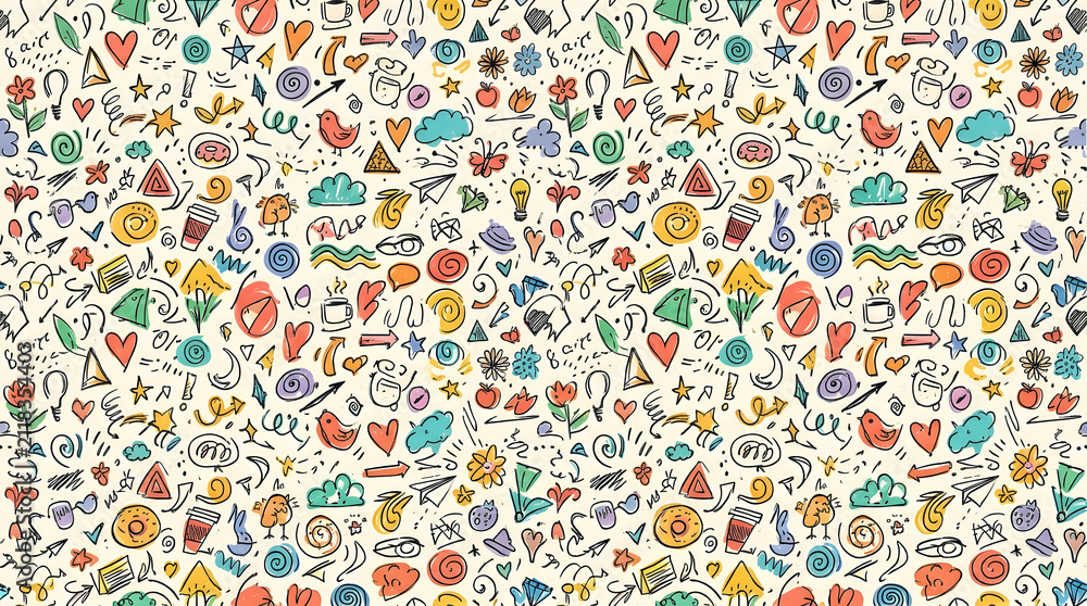 Obraz premium Colorful hand drawn doodle seamless pattern with creative icons and abstract symbols background
