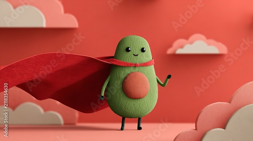 Avocado superhero character with red cape and red scarf standing on stage