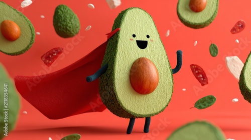 Superhero Avocado Character Flying with Red Cape Against Orange Background