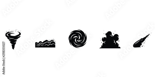 Bild auf Leinwand Set of black silhouette depicting natural disasters and atmospheric phenomena in