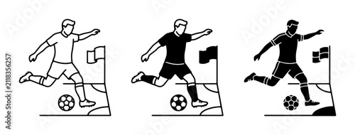 Foto Soccer Corner Kick Action, Sports Player Kicking Ball, Dynamic Athlete Silhouett