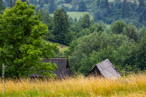Canvastavla Weathered wooden sheds peek above tall meadow grass among rolling green hills A