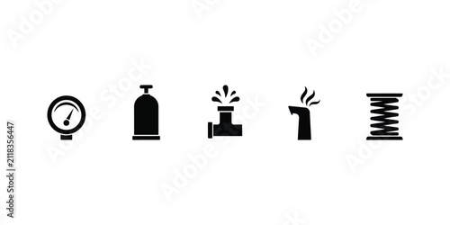 Set of five industrial measurement and utility including pressure gauge and spring in black silhouette style on white background