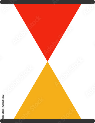 Minimalist flat geometric hourglass symbol with red and yellow triangles on a white background illustration
