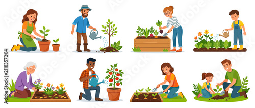 Bild auf Leinwand Diverse people gardening, planting, watering, and nurturing plants