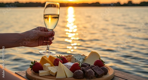 Wine and cheese board presented at sunset near water relaxation concept