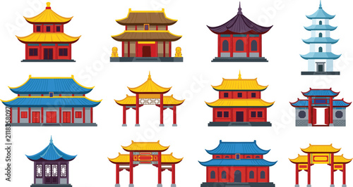 Fotografía Traditional Asian Architecture Vector Set with Chinese Pagodas Shrines Temples a