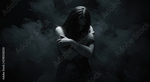 Woman embracing herself in moody atmosphere with dramatic lighting