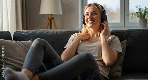 Woman enjoying music with headphones while relaxing on a sofa at home