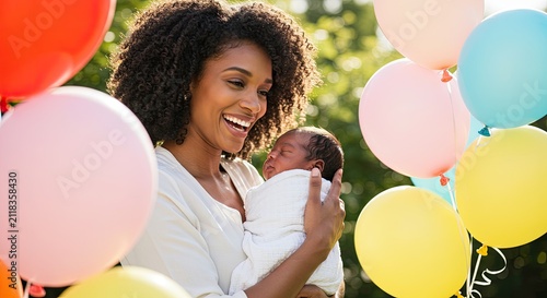 Woman holding newborn baby surrounded by colorful balloons celebrating