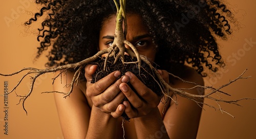 Woman holding plant roots with curly hair and brown background