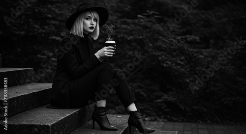 Woman in black hat and outfit sits with coffee cup on stone steps