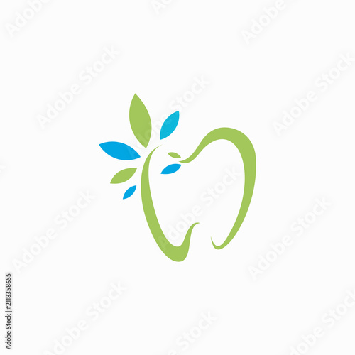 The logo features a minimalist tooth illustration combined with green and blue leaf elements, creating a symbol that represents dental health, natural care, and environmental awareness.