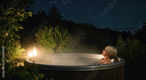 Woman relaxing in hot tub under a starry night sky outdoors