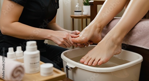Woman receiving foot spa treatment in tranquil setting for relaxation and wellness
