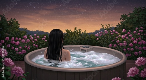 Woman relaxing in outdoor hot tub with floral surroundings at dusk