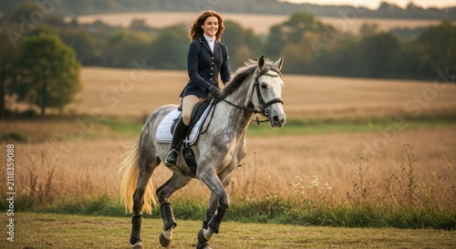 Woman rides horse across field equestrian activity outdoors sunlight
