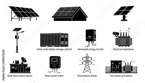 Renewable Energy Equipment and Infrastructure Icons Including Solar Panels, Battery Storage, Inverters, and Po