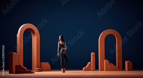 Woman standing between architectural arches against blue backdrop