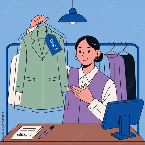 Clothing Store Sales Assistant Tagging Shirts in Fashion Retail Flat Vector Illustration