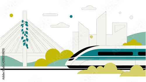 Modern Smart City with High-Speed Train and Urban Skyline Flat Vector Illustration