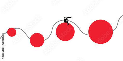 Businessman with telescope on a path of growing red circles, symbolizing future vision and strategic growth