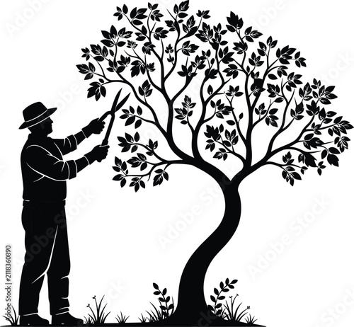 Silhouette of gardener trimming tree branches with pruning shears outdoors