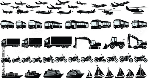 black silhouettes featuring various transport vehicles including airplanes, buses, trucks, motorcycles, and ships