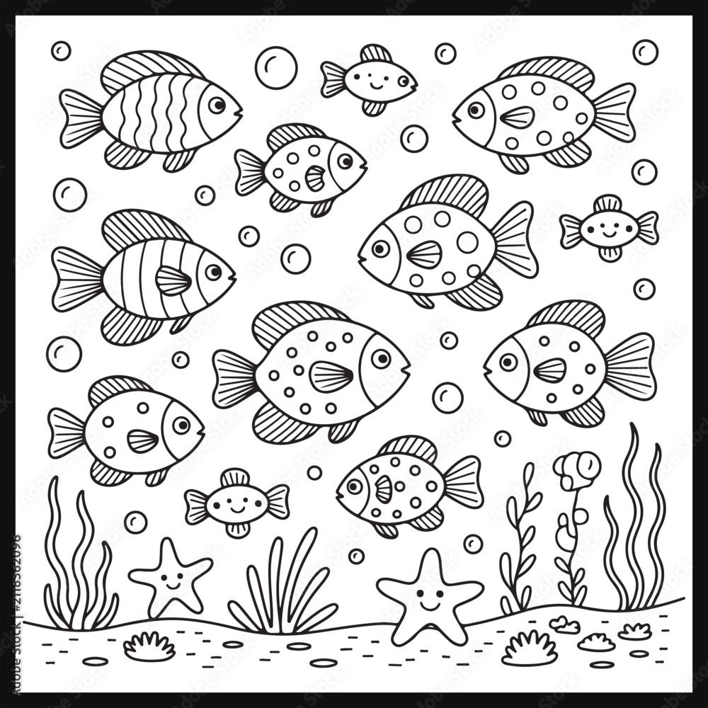 Naklejka premium Cartoon Underwater Fish Coloring Sheet Featuring Sea Animals and Bubbles Outline