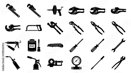 Plumbing tools and equipment vector icon set, pipe wrench, cutter, pliers, hacksaw, PVC glue, screwdriver, blowtorch, pressure gauge, repair and maintenance symbols, black glyph icons