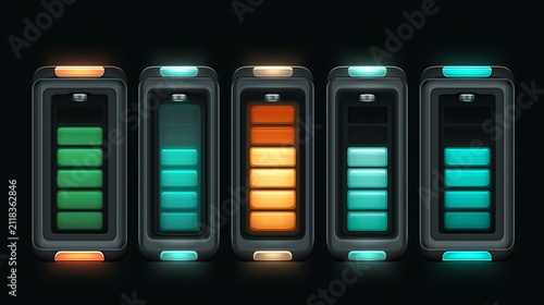 Five stylized digital battery status indicators set against a dark background. Perfect for UI game design or energy.