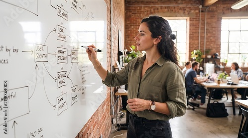 Professional woman drawing a complex business process flowchart on a white board in a collaborative modern office workspace