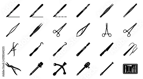 Surgical and medical instruments vector icon set, surgery tools, scalpel, forceps, tweezers, clamps, scissors, medical equipment, hospital and operation symbols, black glyph icons